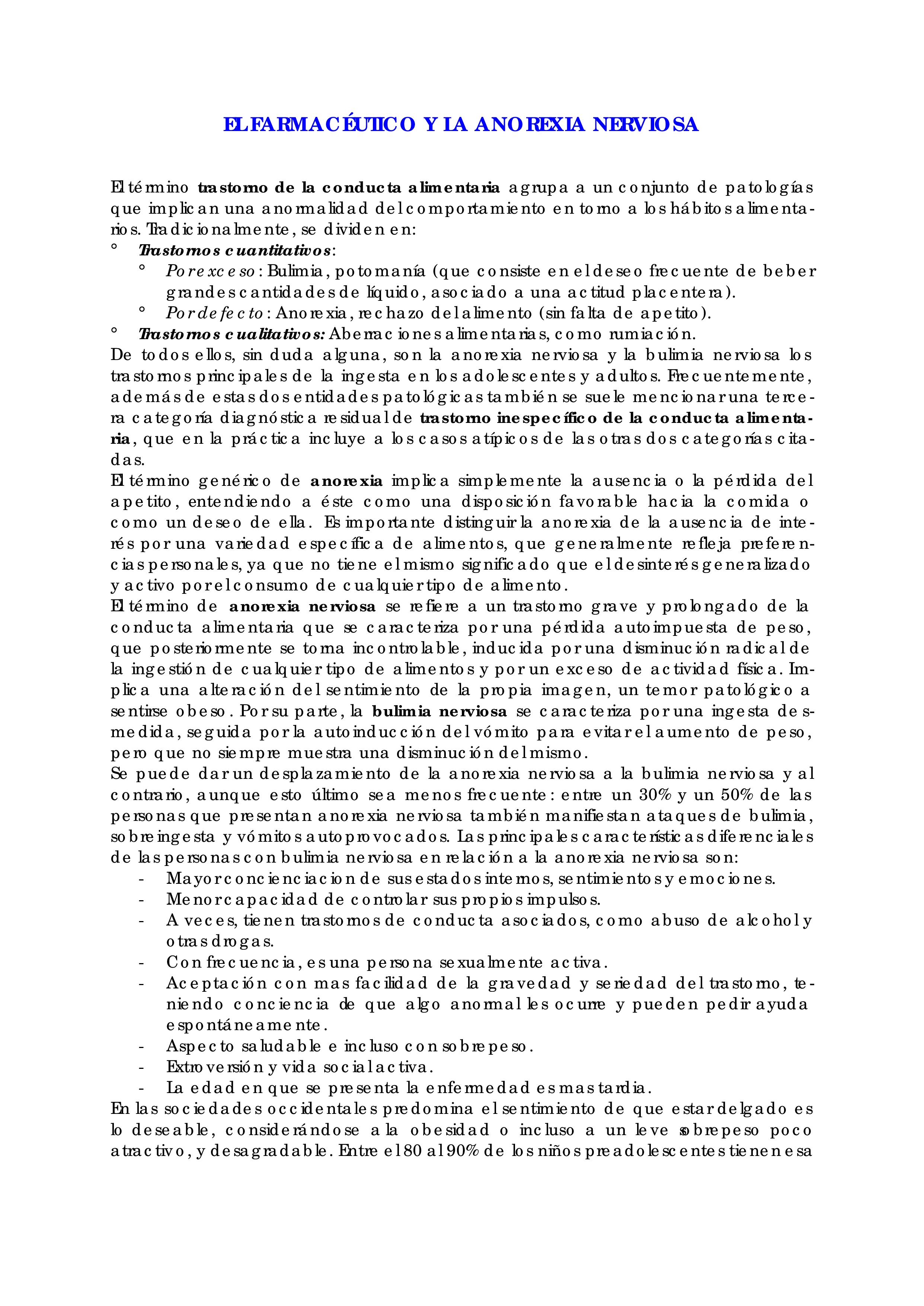 EL FARMACÉUTICO Y LA ANOREXIA NERVIOSA – Informe monográfico